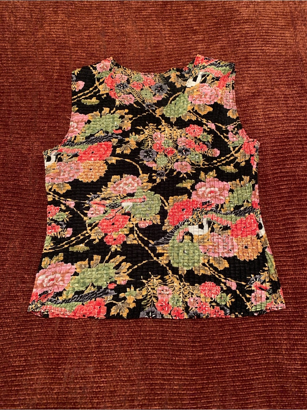 Sleeveless Floral Tank Top in Black with Multicolor Blooms